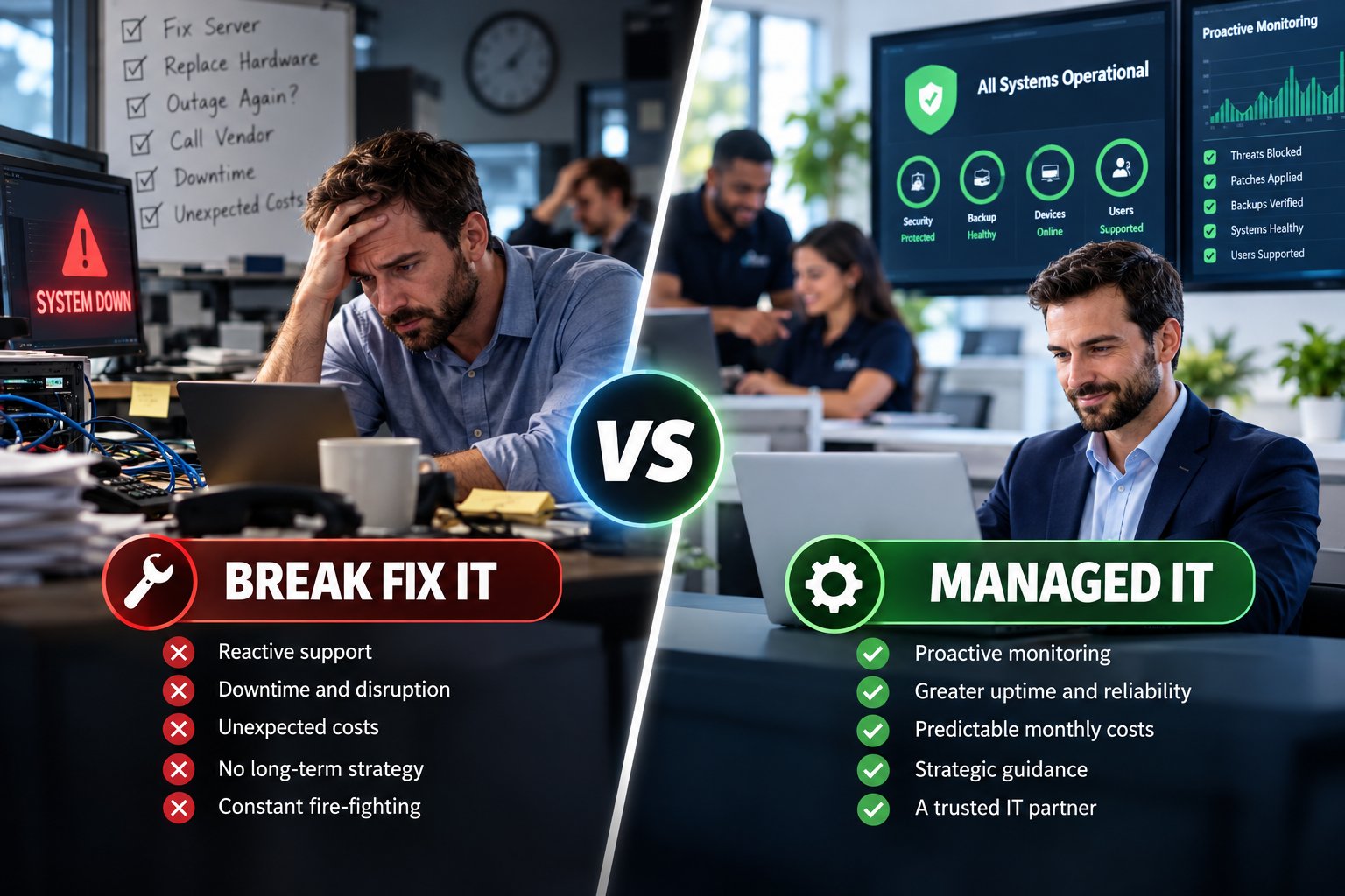 Comparison between reactive IT repair and proactive managed IT services